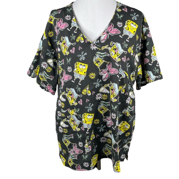Nickelodeon SpongeBob Square Pants Catching ButterfliesScrub Top Black Size 1X - Picture 1 of 7